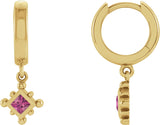 14K Gold Square Natural Pink Tourmaline Beaded Bezel-Set Hoop Earrings - Yellow Gold