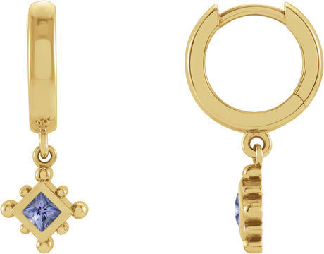14K Gold Square Natural Tanzanite Beaded Bezel-Set Hoop Earrings - Yellow Gold
