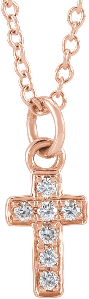14K Gold Round Natural Diamond Youth Cross Necklace - Rose Gold