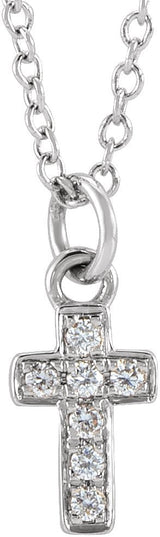 14K Gold Round Natural Diamond Youth Cross Necklace - White Gold