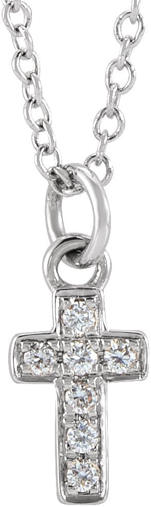 14K Gold Round Natural Diamond Youth Cross Necklace - White Gold