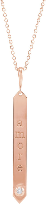 14K Gold Round Natural Diamond Engravable Bar Necklace or Pendant - Rose Gold - view 3