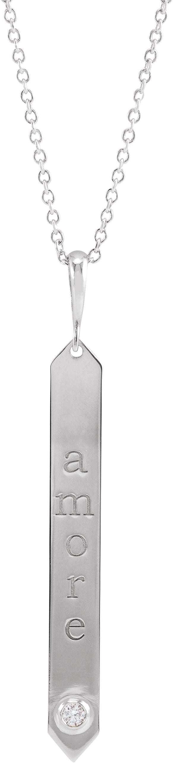 14K Gold Round Natural Diamond Engravable Bar Necklace or Pendant - White Gold - view 3