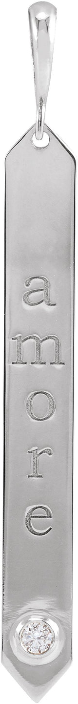 14K Gold Round Natural Diamond Engravable Bar Necklace or Pendant - White Gold - view 3