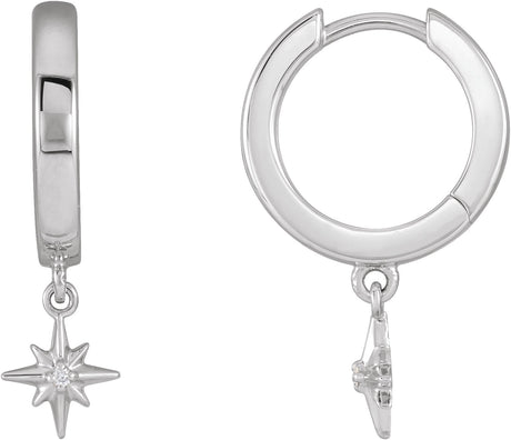 Platinum Round Natural Diamond Accented Star Hoop Earrings