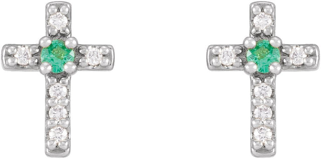 14K Gold Round Natural Emerald Accented Cross Earrings – 1.5-2mm Stones - White Gold - view 2