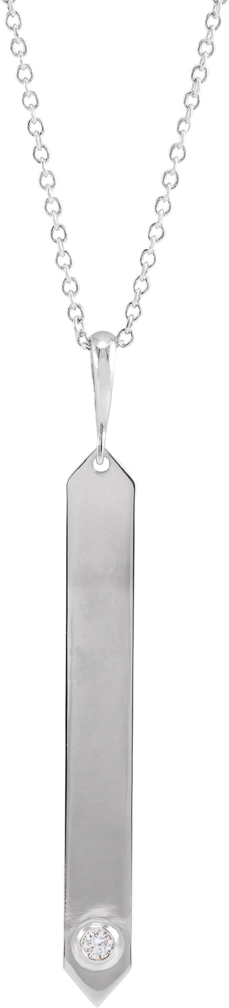 14K Gold Round Natural Diamond Engravable Bar Necklace or Pendant - White Gold