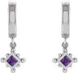 14K Gold Square Natural Amethyst Beaded Bezel-Set Hoop Earrings - White Gold - view 2