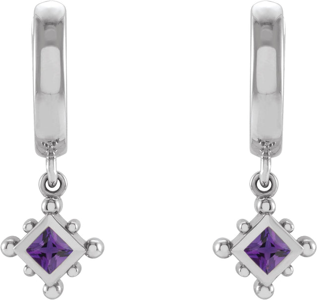 14K Gold Square Natural Amethyst Beaded Bezel-Set Hoop Earrings - White Gold - view 2