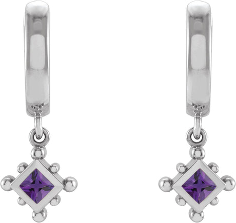Platinum Square Natural Amethyst Beaded Bezel-Set Hoop Earrings - view 2