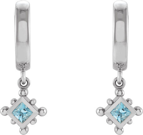 Platinum Square Natural Aquamarine Beaded Bezel-Set Hoop Earrings - view 2