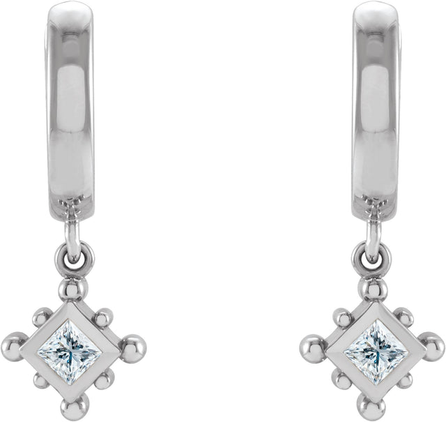 14K Gold Square Natural Diamond Beaded Bezel-Set Hoop Earrings - White Gold - view 2
