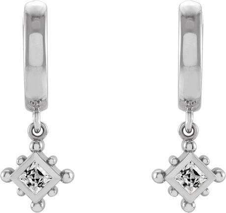 Platinum Square Natural White Sapphire Beaded Bezel-Set Hoop Earrings - view 2