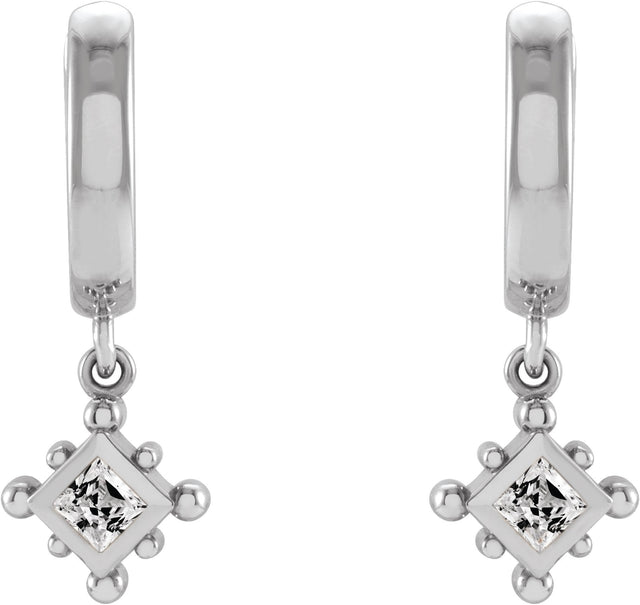 14K Gold Square Natural White Sapphire Beaded Bezel-Set Hoop Earrings - White Gold - view 2