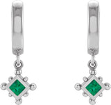 14K Gold Square Natural Emerald Beaded Bezel-Set Hoop Earrings - White Gold - view 2