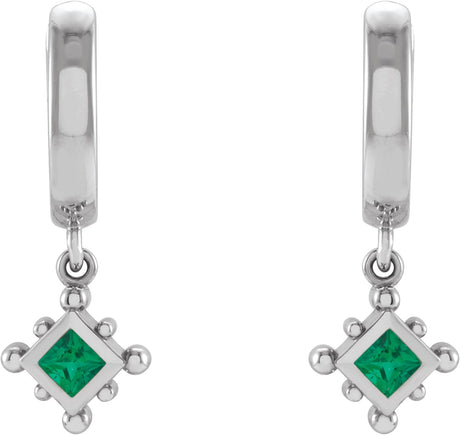 Platinum Square Lab-Grown Emerald Beaded Bezel-Set Hoop Earrings - view 2