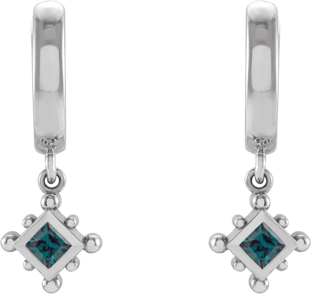 14K Gold Square Lab-Grown Alexandrite Beaded Bezel-Set Hoop Earrings - White Gold - view 2