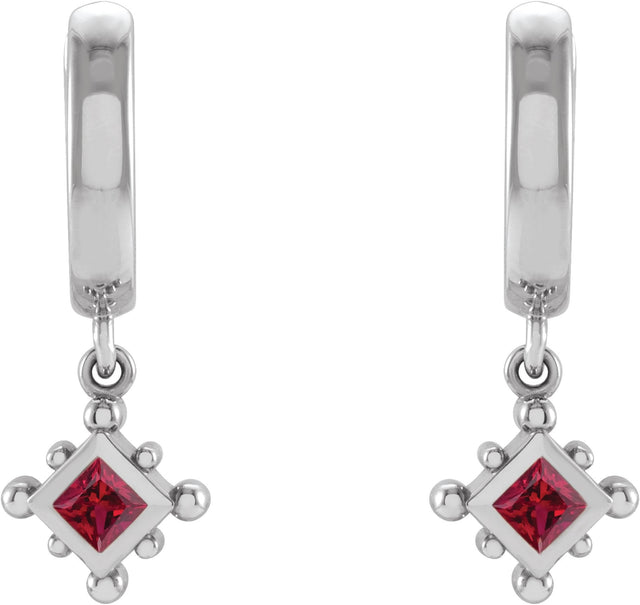 14K Gold Square Lab-Grown Ruby Beaded Bezel-Set Hoop Earrings - White Gold - view 2