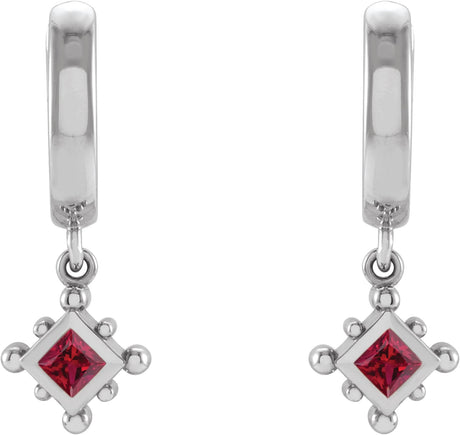 Platinum Square Lab-Grown Ruby Beaded Bezel-Set Hoop Earrings - view 2