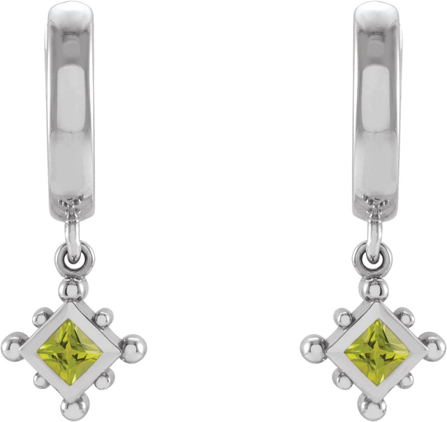 14K Gold Square Natural Peridot Beaded Bezel-Set Hoop Earrings - White Gold - view 2