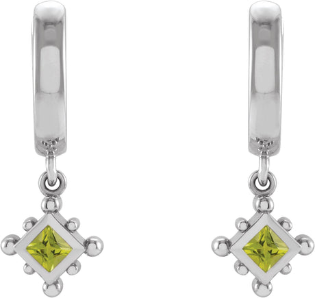 Platinum Square Natural Peridot Beaded Bezel-Set Hoop Earrings - view 2