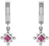 Platinum Square Natural Pink Tourmaline Beaded Bezel-Set Hoop Earrings - view 2
