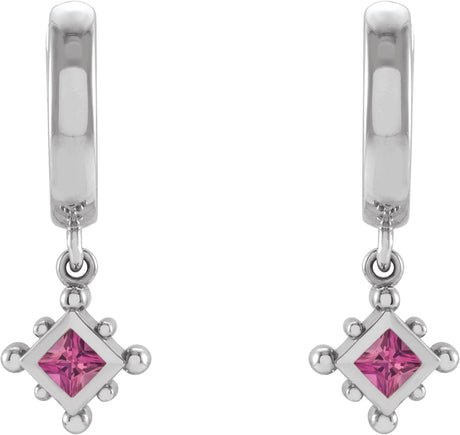 Platinum Square Natural Pink Tourmaline Beaded Bezel-Set Hoop Earrings - view 2