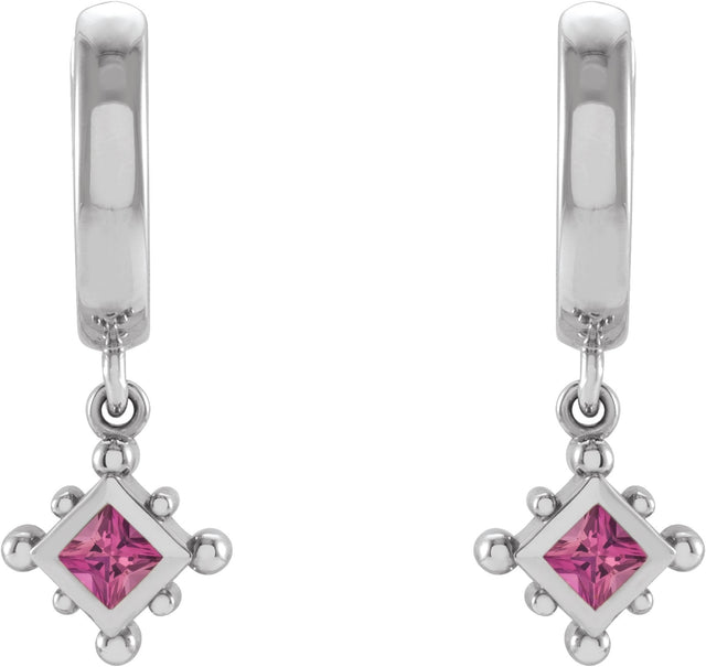 Platinum Square Natural Pink Tourmaline Beaded Bezel-Set Hoop Earrings - view 2