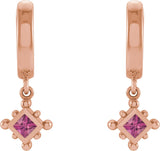 14K Gold Square Natural Pink Tourmaline Beaded Bezel-Set Hoop Earrings - Rose Gold - view 2