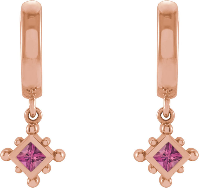 14K Gold Square Natural Pink Tourmaline Beaded Bezel-Set Hoop Earrings - Rose Gold - view 2