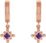 14K Gold Square Natural Amethyst Beaded Bezel-Set Hoop Earrings - Rose Gold - view 2