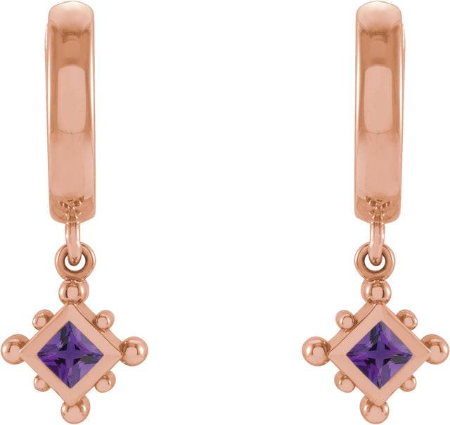 14K Gold Square Natural Amethyst Beaded Bezel-Set Hoop Earrings - Rose Gold - view 2