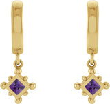 14K Gold Square Natural Amethyst Beaded Bezel-Set Hoop Earrings - Yellow Gold - view 2