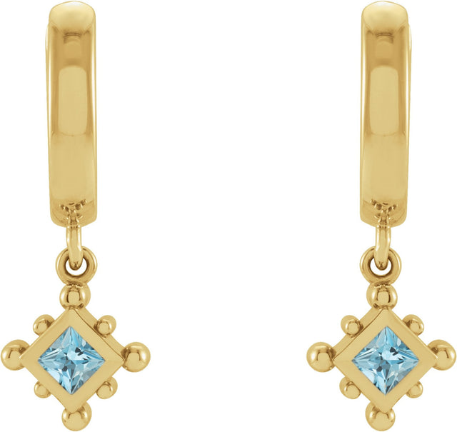 14K Gold Square Natural Aquamarine Beaded Bezel-Set Hoop Earrings - Yellow Gold - view 2