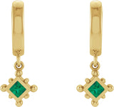 14K Gold Square Natural Emerald Beaded Bezel-Set Hoop Earrings - Yellow Gold - view 2