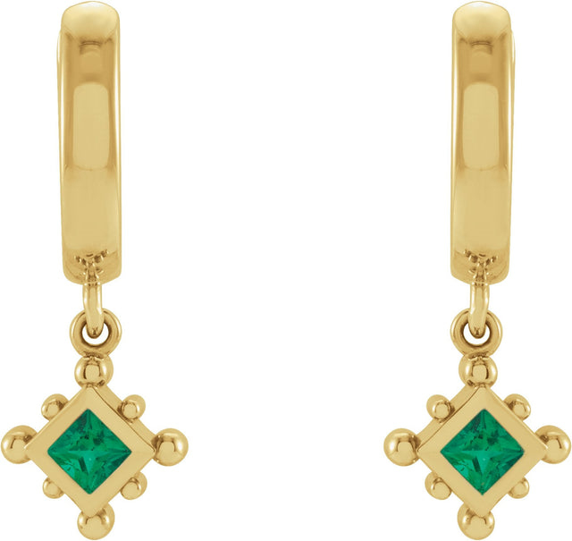 14K Gold Square Natural Emerald Beaded Bezel-Set Hoop Earrings - Yellow Gold - view 2