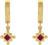 14K Gold Square Natural Ruby Beaded Bezel-Set Hoop Earrings - Yellow Gold - view 2