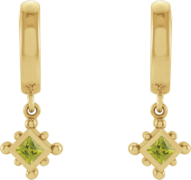 14K Gold Square Natural Peridot Beaded Bezel-Set Hoop Earrings - Yellow Gold - view 2