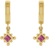 14K Gold Square Natural Pink Tourmaline Beaded Bezel-Set Hoop Earrings - Yellow Gold - view 2