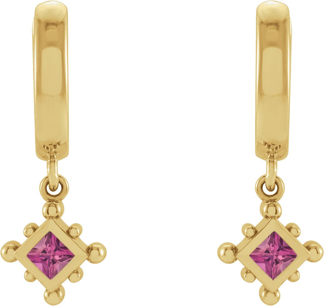 14K Gold Square Natural Pink Tourmaline Beaded Bezel-Set Hoop Earrings - Yellow Gold - view 2