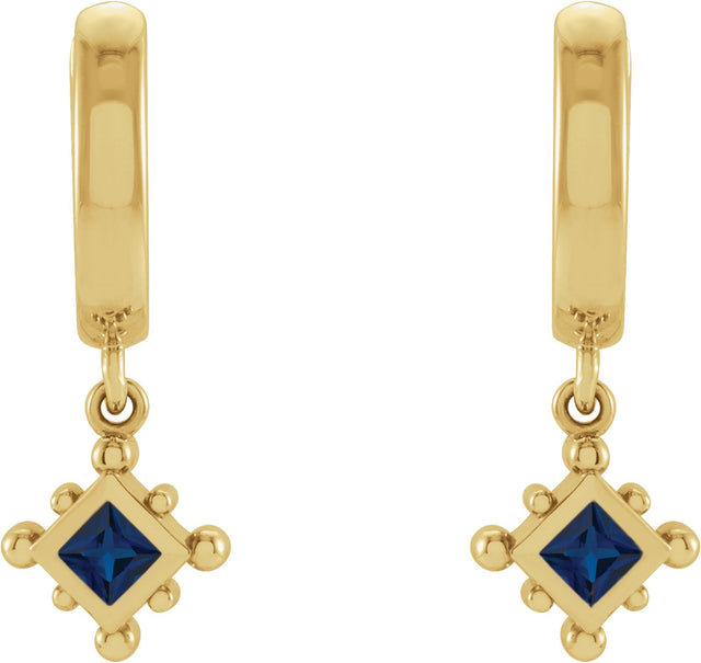 14K Gold Square Natural Blue Sapphire Beaded Bezel-Set Hoop Earrings - Yellow Gold - view 2