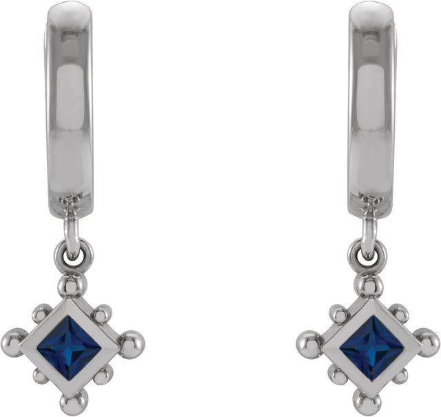 14K Gold Square Lab-Grown Blue Sapphire Beaded Bezel-Set Hoop Earrings - White Gold - view 2