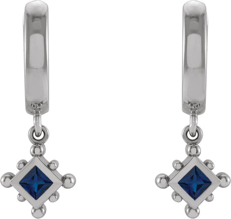 Platinum Square Lab-Grown Blue Sapphire Beaded Bezel-Set Hoop Earrings - view 2