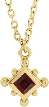 14K Gold Square Natural Mozambique Garnet Bezel-Set Beaded Necklace - Yellow Gold