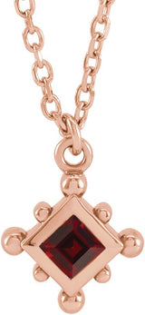14K Gold Square Natural Mozambique Garnet Bezel-Set Beaded Necklace - Rose Gold
