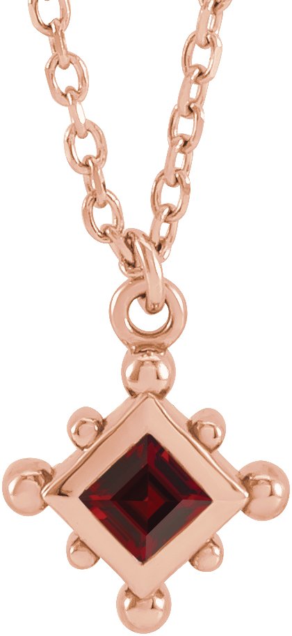 14K Gold Square Natural Mozambique Garnet Bezel-Set Beaded Necklace - Rose Gold