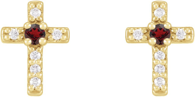 14K Gold Round Natural Mozambique Garnet Accented Cross Earrings – 1.5-2mm Stones - Yellow Gold - view 2