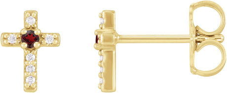 14K Gold Round Natural Mozambique Garnet Accented Cross Earrings – 1.5-2mm Stones - Yellow Gold