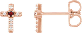 14K Gold Round Natural Mozambique Garnet Accented Cross Earrings – 1.5-2mm Stones - Rose Gold