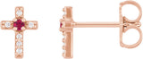 14K Gold Round Natural Ruby Accented Cross Earrings – 1.5-2mm Stones - Rose Gold